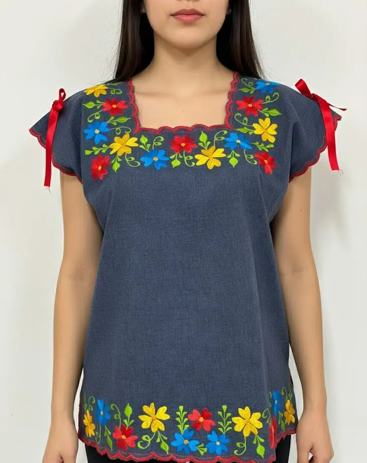 [BLS-SLA-M3] Blusa color tipo mezclilla con flores boradadas y liston rojo en ojal con bordes