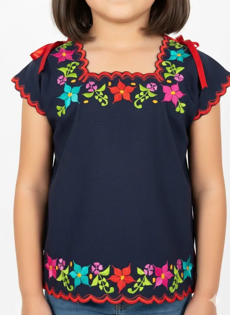 Blusa de niña azul marina con bordes rojos y flores rosas, aqua y rojo