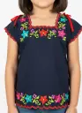 Blusa de niña azul marina con bordes rojos y flores rosas, aqua y rojo