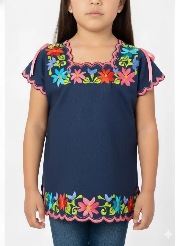 Blusa de niña azul marina con bordes rosas y flores rosas, azul y rojo