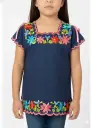 Blusa de niña azul marina con bordes rosas y flores rosas, azul y rojo