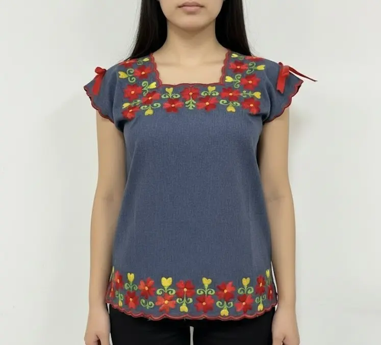 [BLS-SLA-M5] Blusa color tipo mezclilla con flores boradadas y liston rojo en ojal con bordes