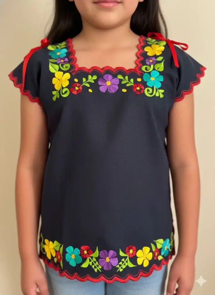 Blusa de niña azul marina con bordes rojos y flores aqua, amarillo y morado