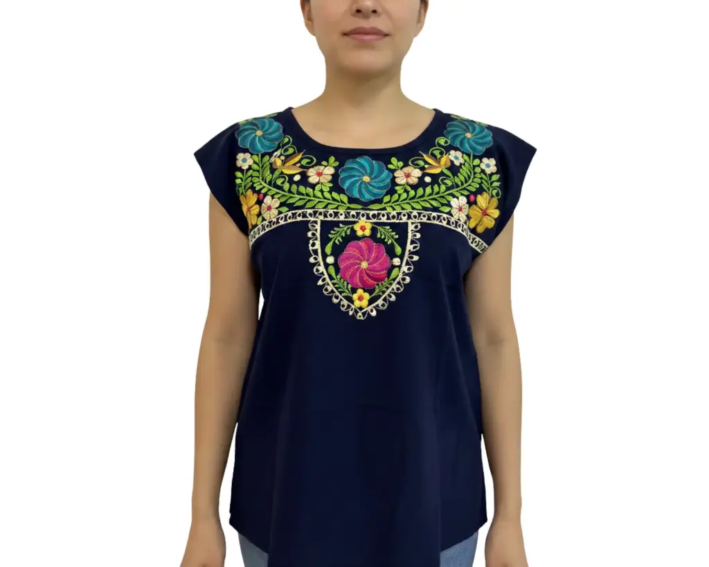 [BLS-ISLA-M5-30] Blusa azul marino con flores azules, amarillas y fuccias (30)