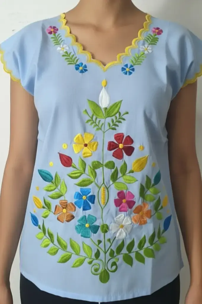 Blusa azul cielo bordado multicolor