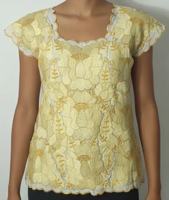 Blusa beige con bordado completo dorado y amarillo