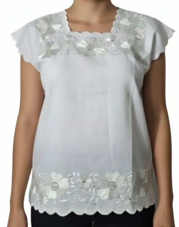 Blusa bordada blanca con brillo en flores 