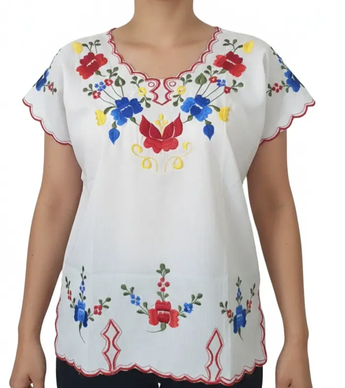Blusa blanca bordada de flores con bordes de color (Rojo)