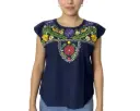 Blusa azul marino con flores moradas, amarillas y rojas