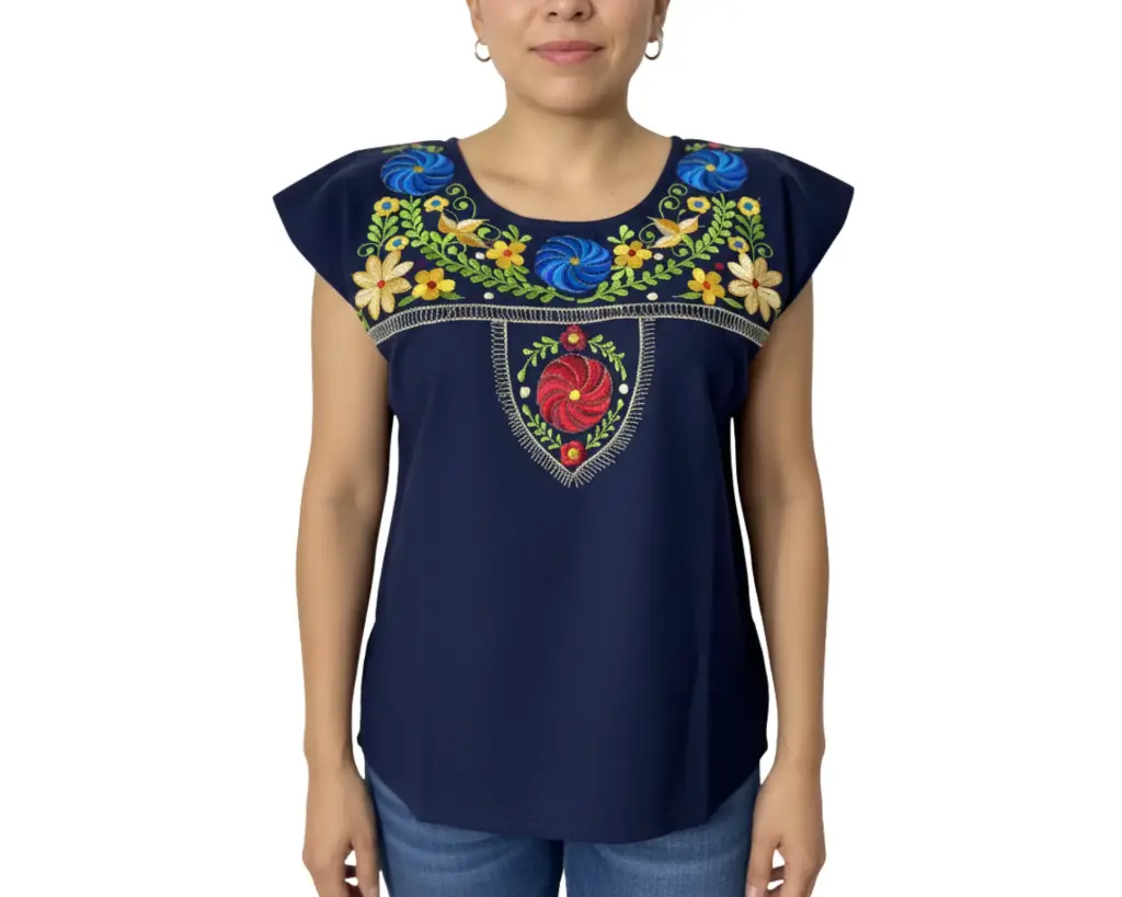 Blusa azul marino con flores azules, amarillas y rojas