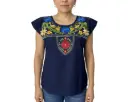 Blusa azul marino con flores azules, amarillas y rojas