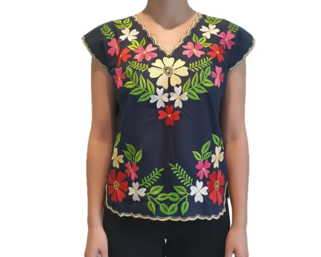 Blusa azul con bordados de flores 
