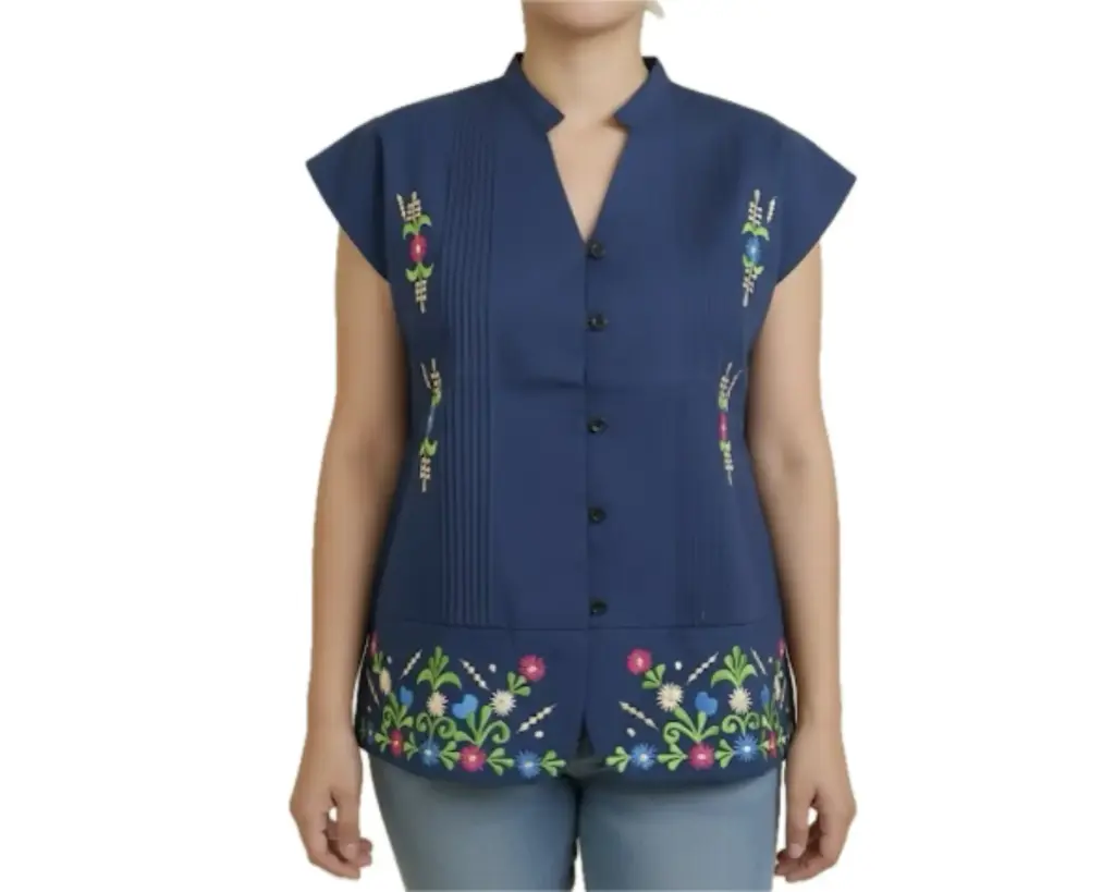 Blusa con botones azul mariano con flores bordadas