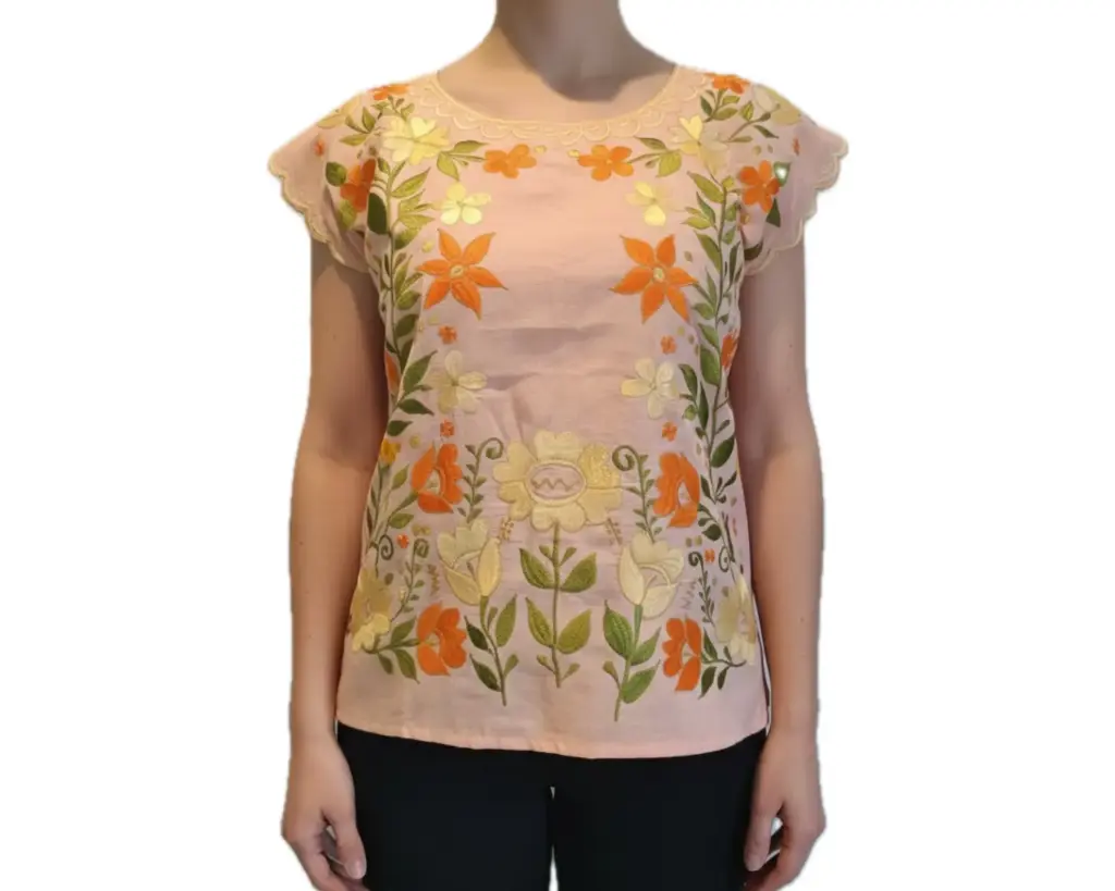 [BLS-SALMON-M4] Blusa color melon con flores amarillas y naranjas