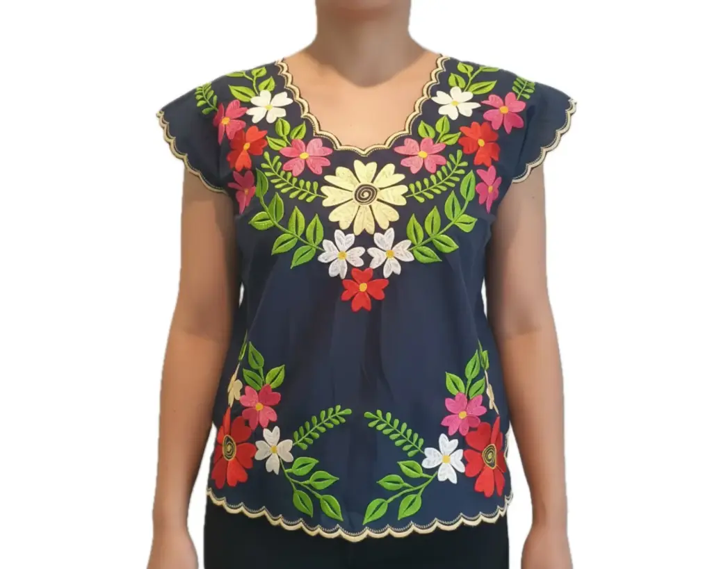 Blusa azul bordados de flores 