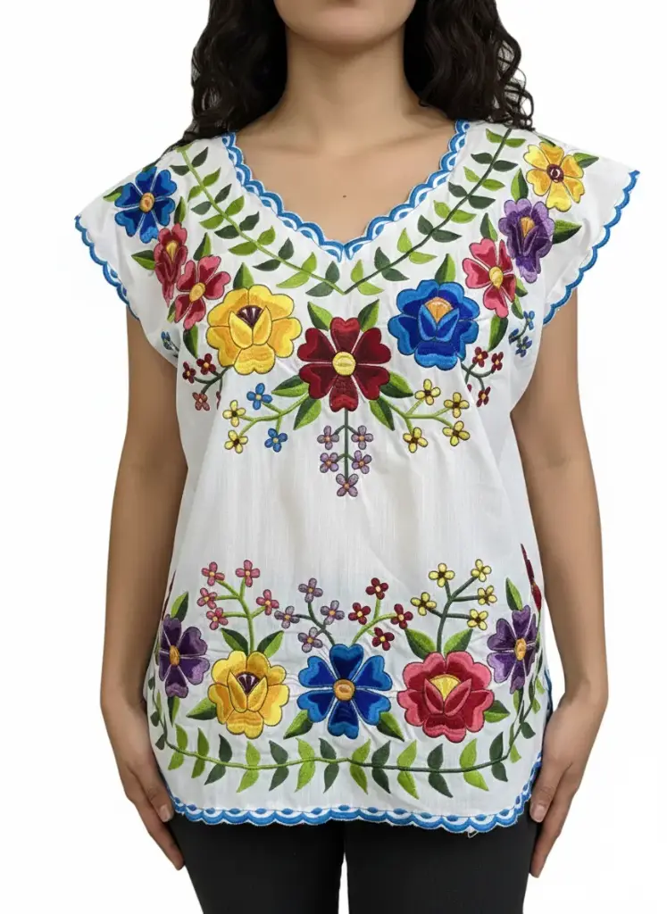 Blusa blanca con bordado de flores con bordes azules