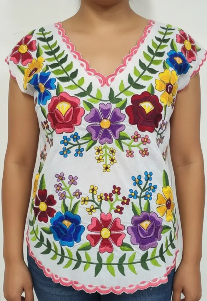 [BLS-TES-M3] Blusa blanca con bordado de flores con bordes rosas