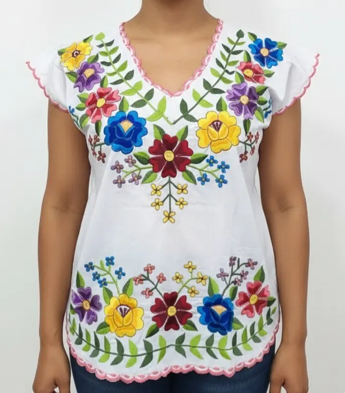 Blusa blanca con bordado de flores con bordes rosas