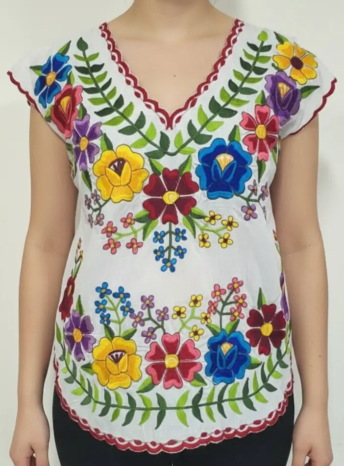 Blusa blanca con bordado de flores con bordes rojos