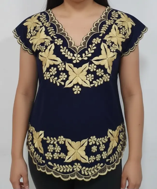 Blusa azul marino cuello V con detalles bordados en dorado 