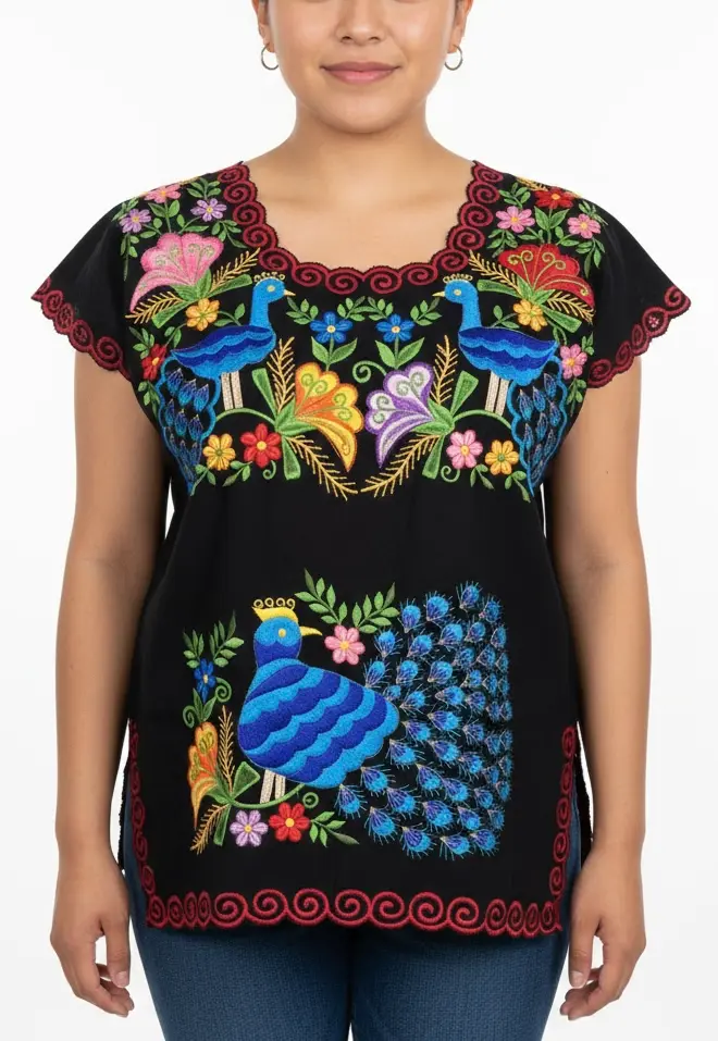 Blusa bordada modelo de pavo real negra