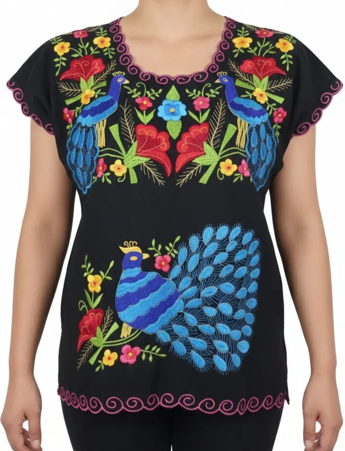 Blusa bordada modelo de pavo real negra