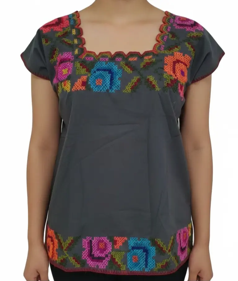 [BLS-MEL-M2-32] Blusa color gris con punto de cruz de varios colores
