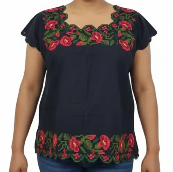 [BLS-MEL-M3-36] Blusa color negro con punto de cruz de varios colores