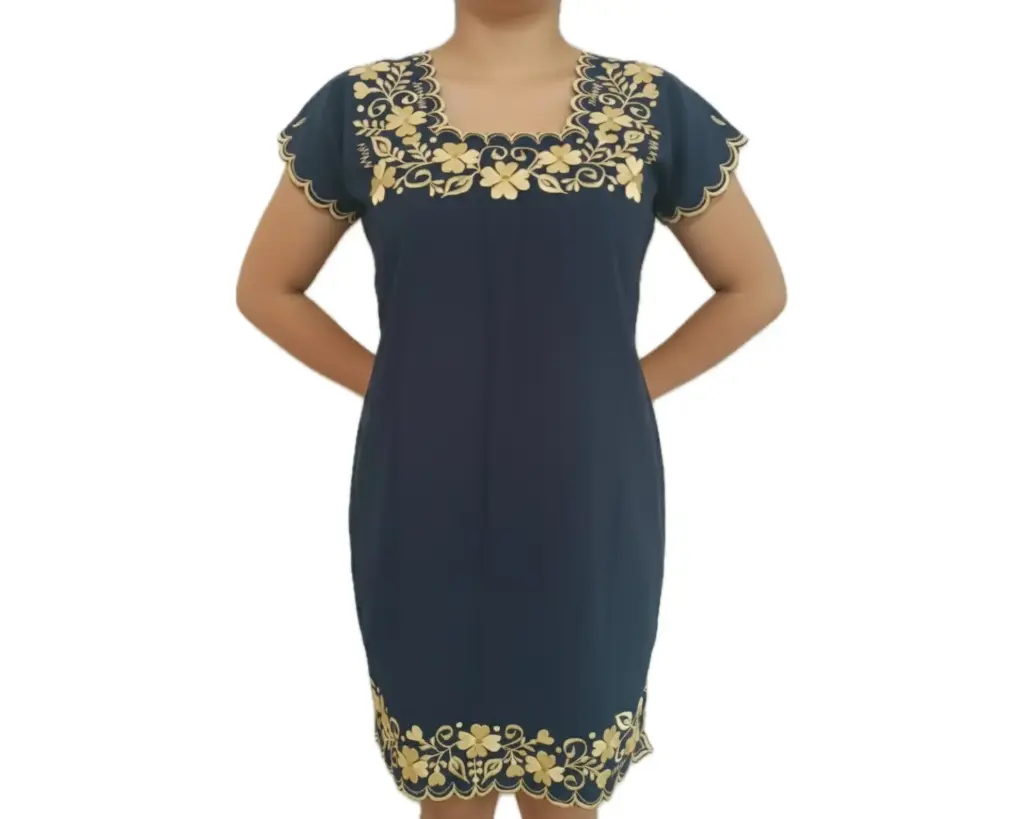 Vestido azul marino con bordado dorado