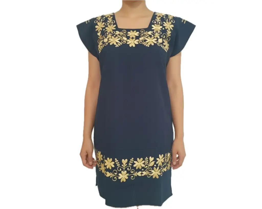 Vestido azul marino con bordado dorado