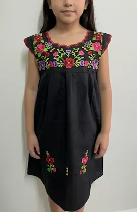 [VES-NINA-M3] Vestido negro con flores multicolor con bordes rojos