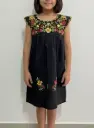 Vestido negro con flores multicolor y bordes azules