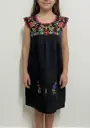 Vestido negro con flores multicolor y bordes rosas