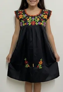 Vestido negro con flores multicolor y bordes naranjas