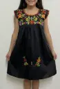 Vestido negro con flores multicolor y bordes naranjas