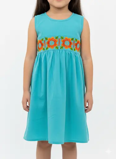 Vestido azul con flores naranjas