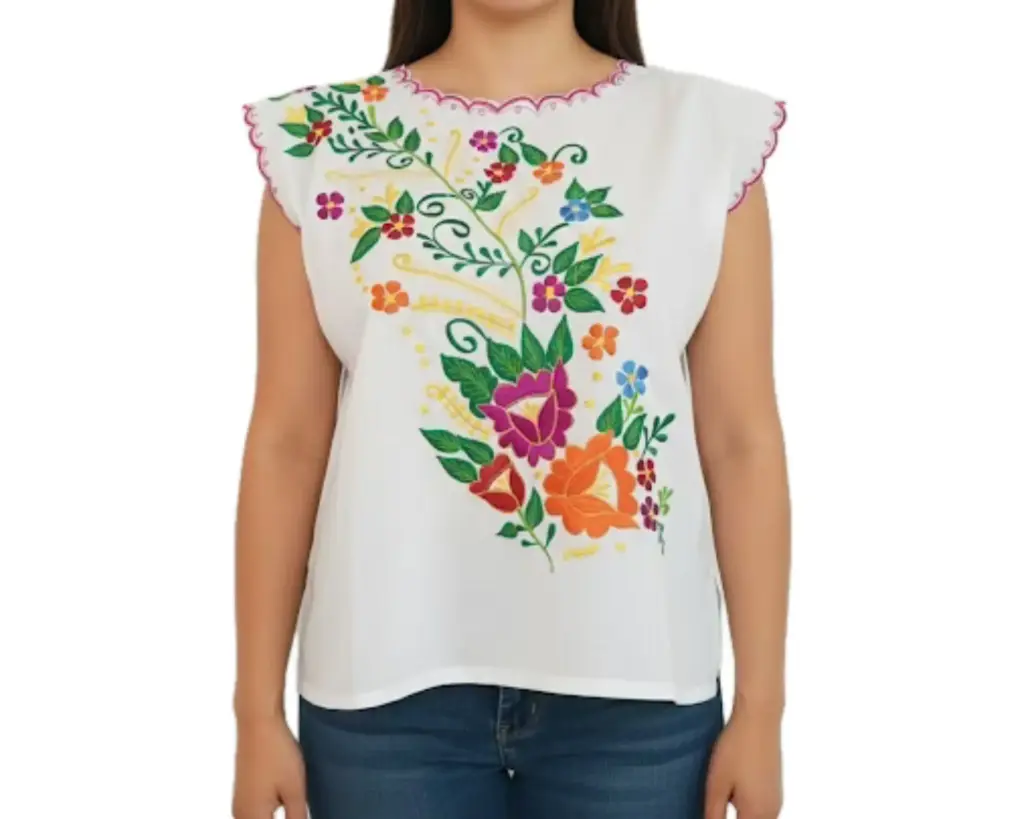 [BLS-MIK-M2] Blusa blanca con bordes rosados y flores multicolor