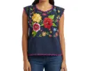 Blusa azul marino con bordes rosados y flores multicolor