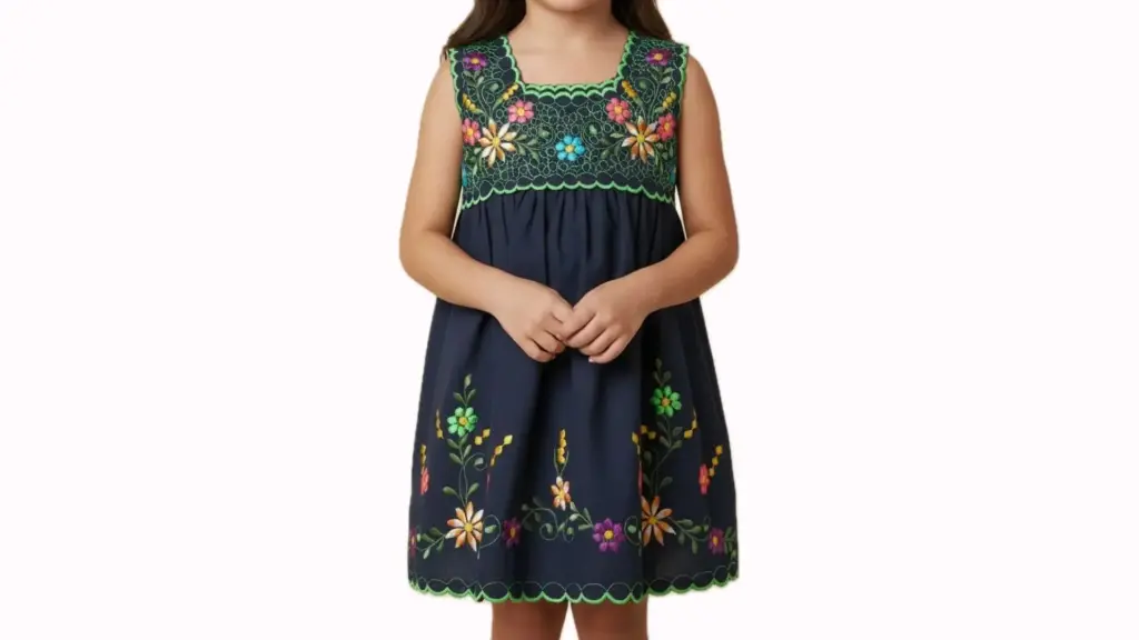 [VES-BLA-M13] Vestido infantil azul rey con bordes verdes y flores multicolor