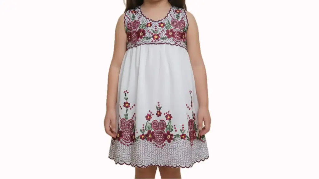 Vestido infantil blanco con flores rojas y bordes rojos 