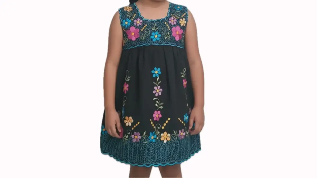 Vestido infantil negro con bordados azules y flores multicolor