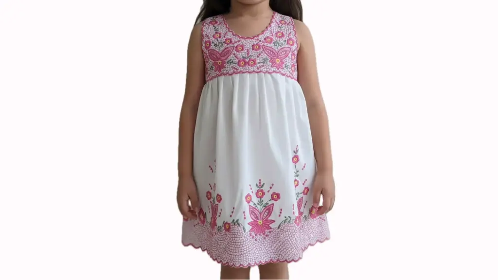 Vestido infantil blanco con bordes rosas y flores rosas 