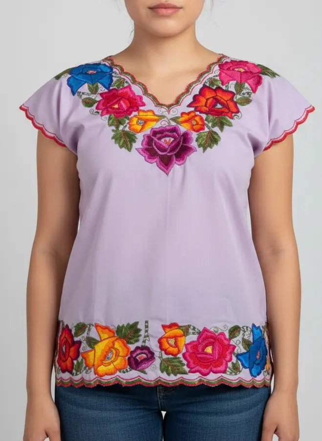 Blusa lila con bordado multicolor con orillas rojas 