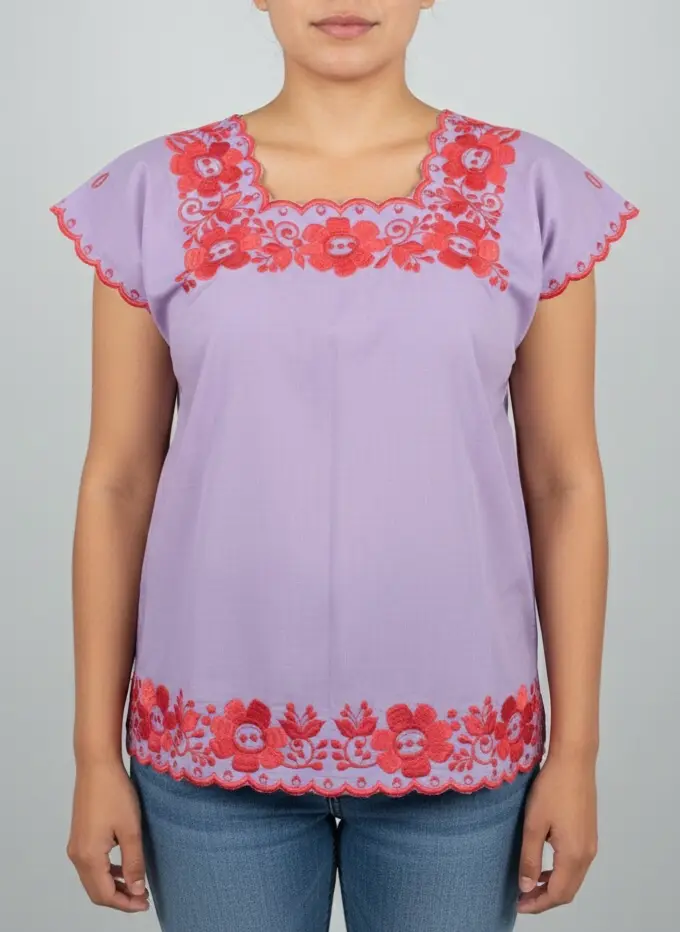 Blusa lila con bordados salmón 
