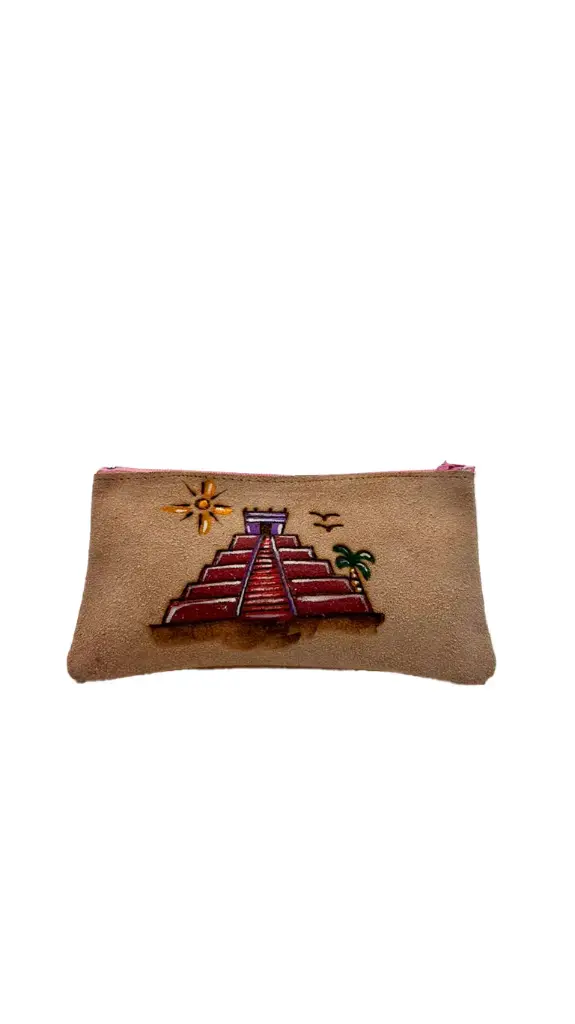 CARTERA DE PIEL CON PIRO GRABADO Y PINTURA CIERRE ROSADO