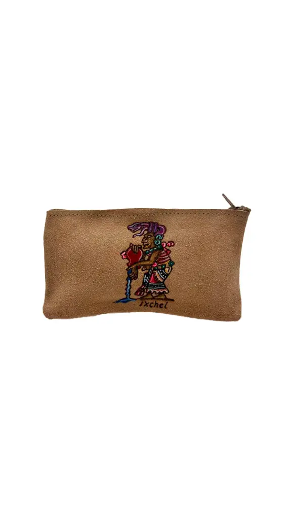 CARTERA DE PIEL CON PIRO GRABADO Y PINTURA CIERRE AZUL