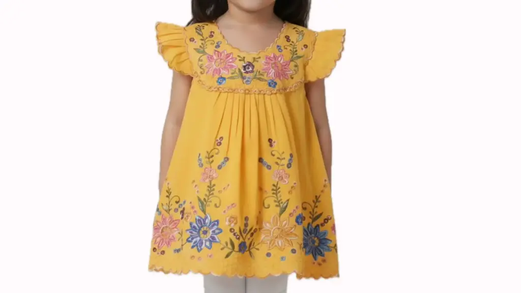 Vestido infantil color amarillo con flores rosas, moradas y azules