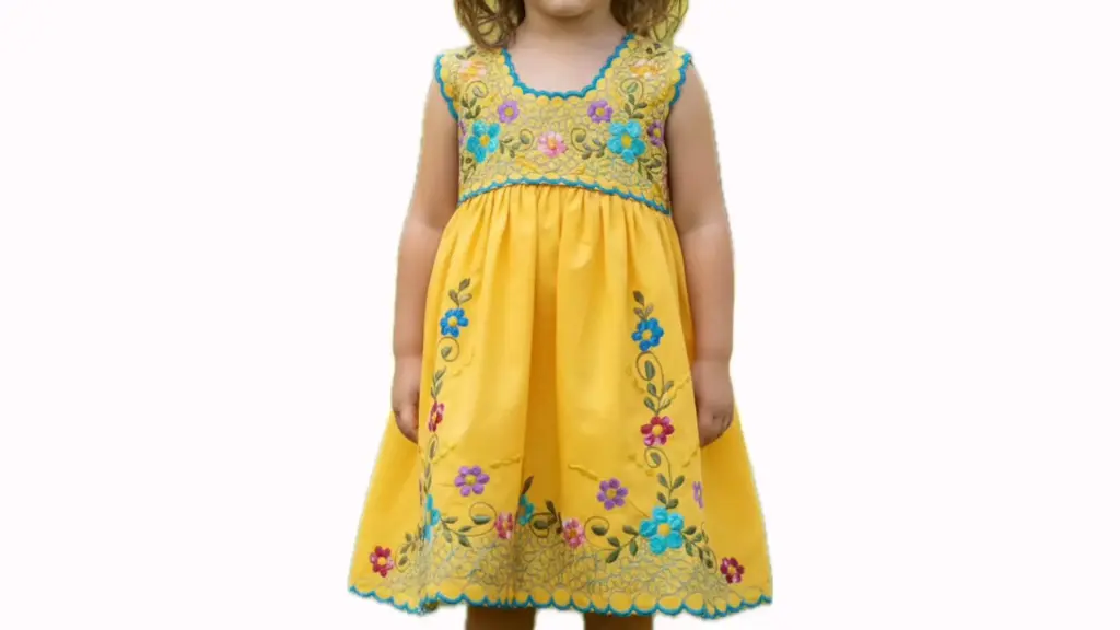 Vestido infantil amarillo con bordes azules y flores multicolor