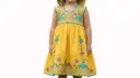 Vestido infantil amarillo con bordes azules y flores multicolor