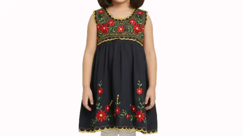 Vestido infantil azul rey con flores rojas y bordados amarillos 